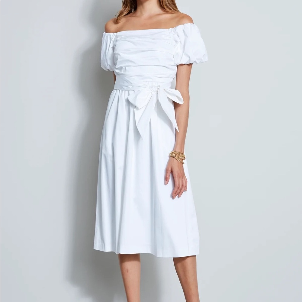 ELIE TAHARI WHITE PUFF SLEEVE MIDI DRESS